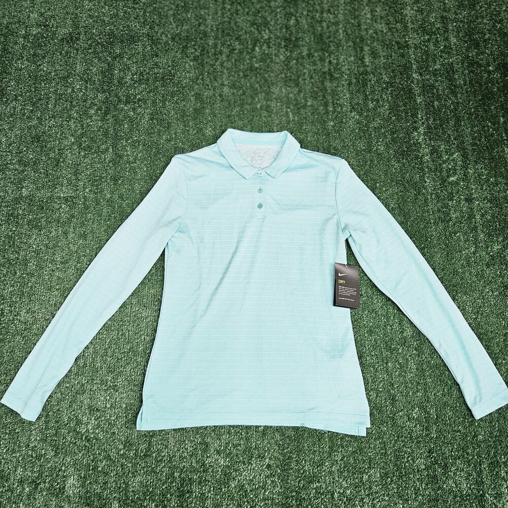 NEW Nike Top Womens Golf Polo Shirt LS Striped Aquamarine AV3682-434 Size S